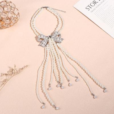 Light Luxury High-End Full Diamond Bow Pearl Tassel Necklace Banquet Runway Dress Accessories For Women Gift