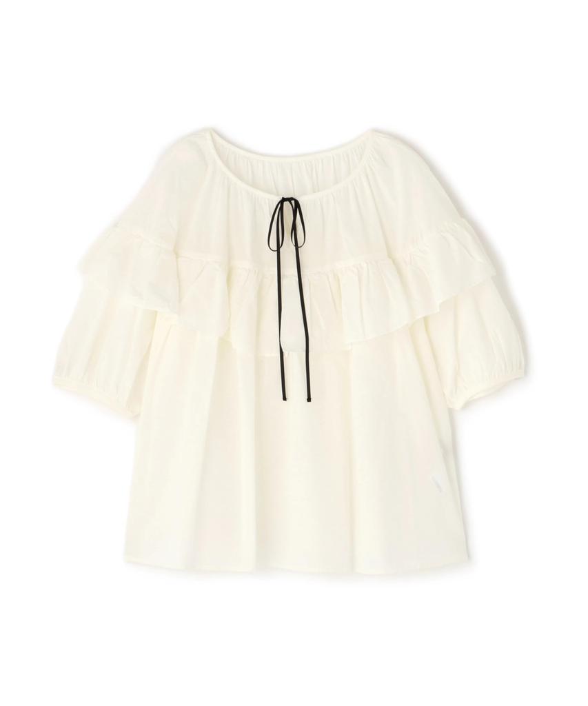 Natural Beauty Ruffled Ribbon Size M [N Basic] Two-Color Blouse, Women's, Off-White,