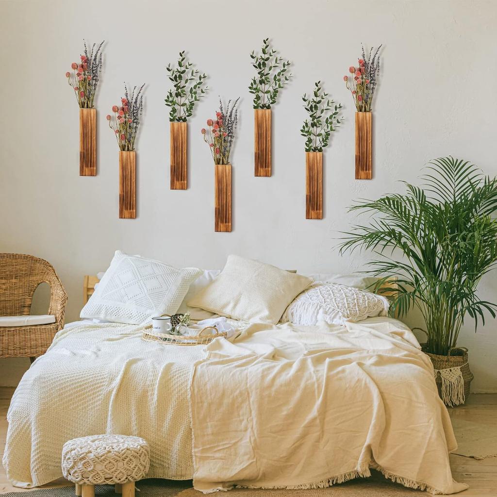 Skylety 6 Pack Wood Wall Planters for Indoor Plants Wooden Hanging Vase Farmhouse Wall Decoration for Bedroom and Living Room(Wood Color)