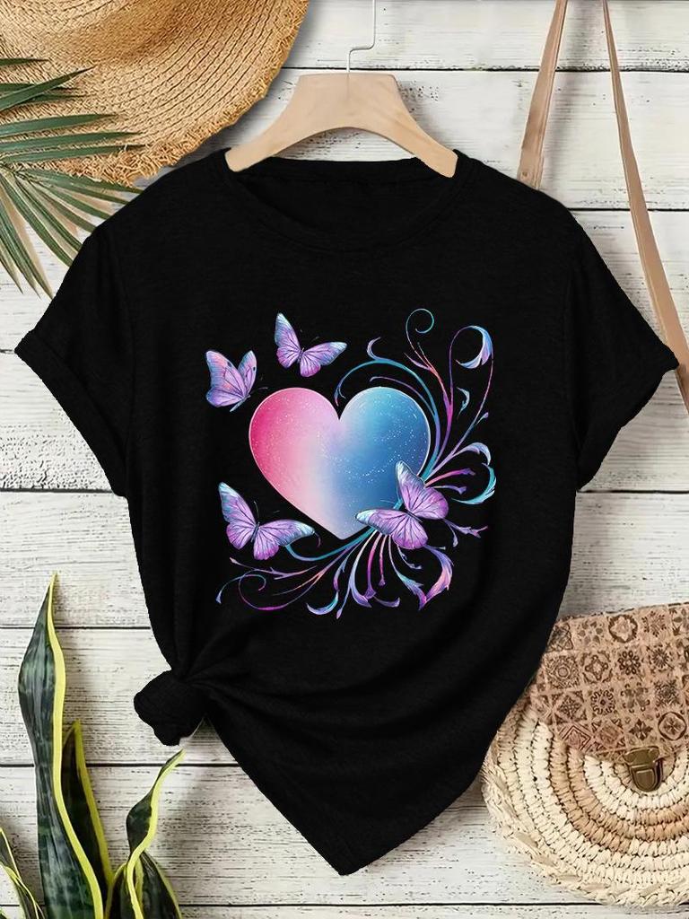 Europäisches & Amerikanisches Rundhals-T-Shirt mit Schmetterlings-Herz-Print für Damen - Sommer Lockeres Kurzarm-Oberteil
