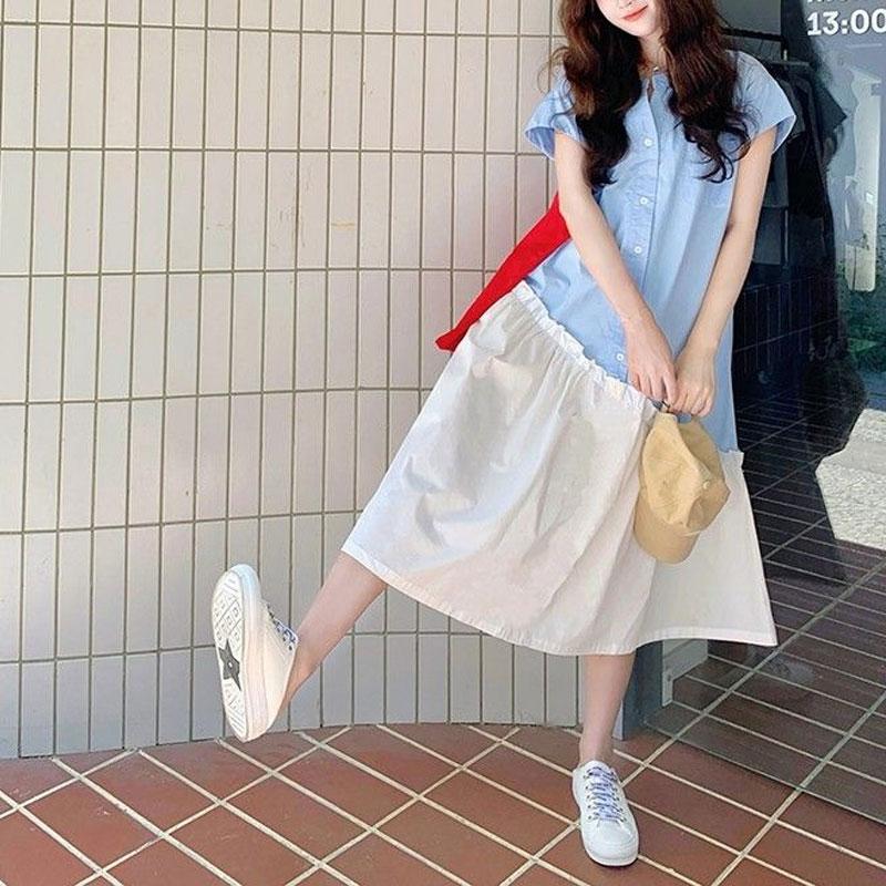 Casual Korean Short Sleeve Long Dress Summer Basic Patchwork Female Clothing Fashion Asymmetrical Loose O-Neck Button Dresses