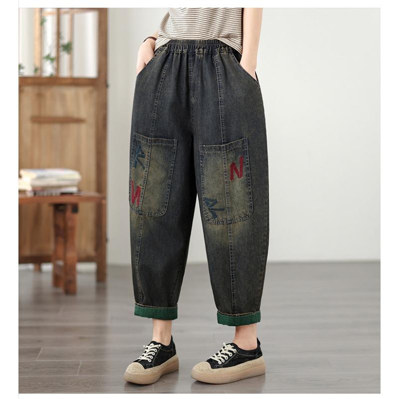 DIMANAF 2026 Summer New Plus Size Women Jeans Elastic Waist Vintage Print Long Pants Loose Casual Denim Cotton Trousers Pants
