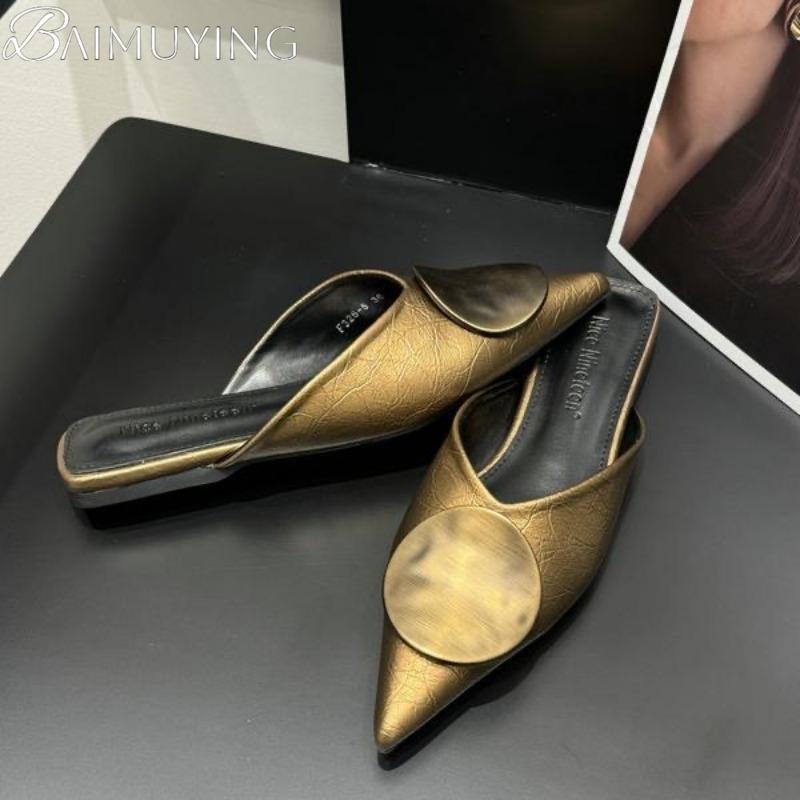 Fashion Pointed Toe Slippers Women Sandals Mules Shoes Low Heels Sexy Luxury 2025 Trend Flip Flops Summer Slides Metal Dress Casual Shoe