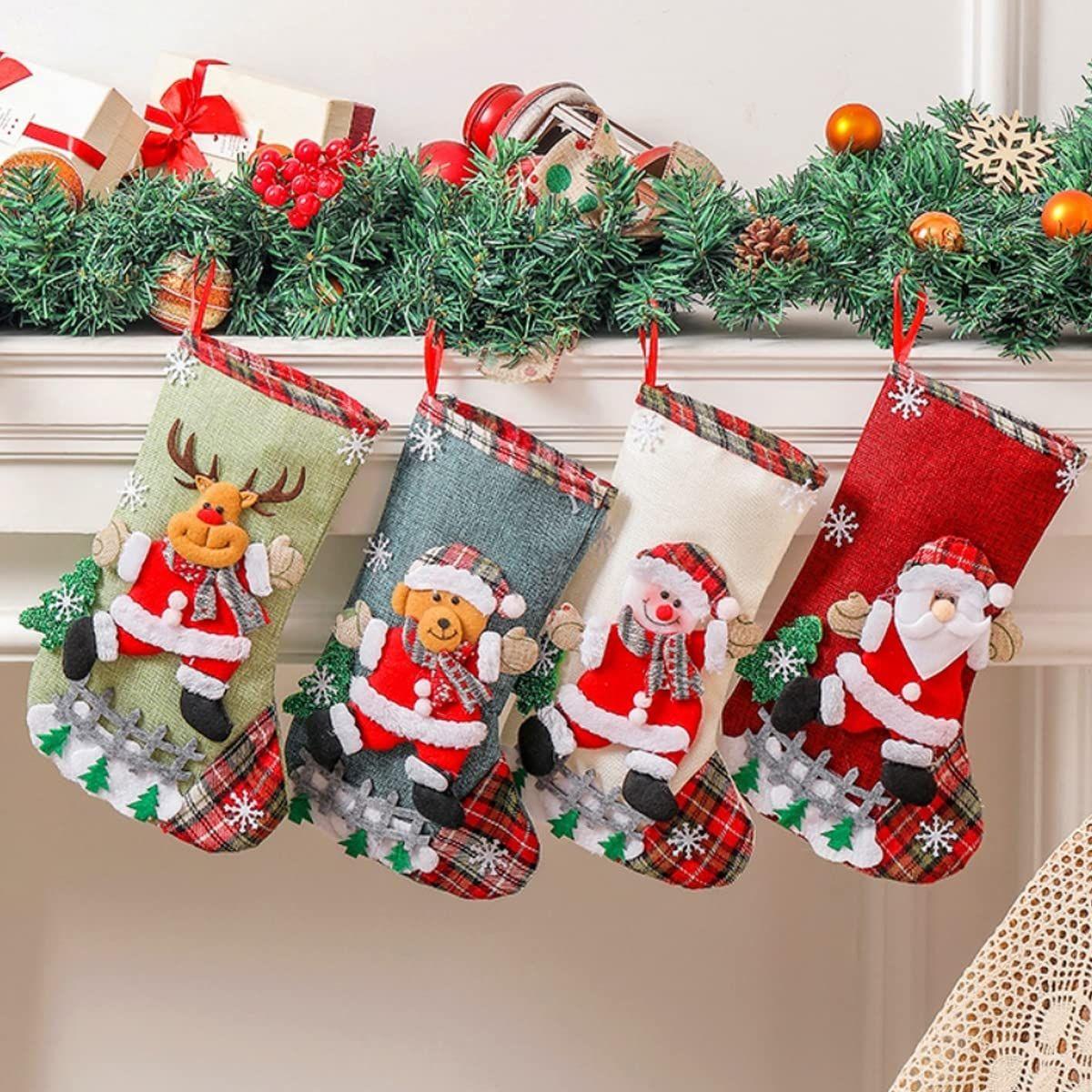 

Set of 4 Christmas Decorations Stocking, 10 Inch Linen Xmas Gift Stockings, Large Hanging Christmas Tree Decoration Items for Xmas Tree,