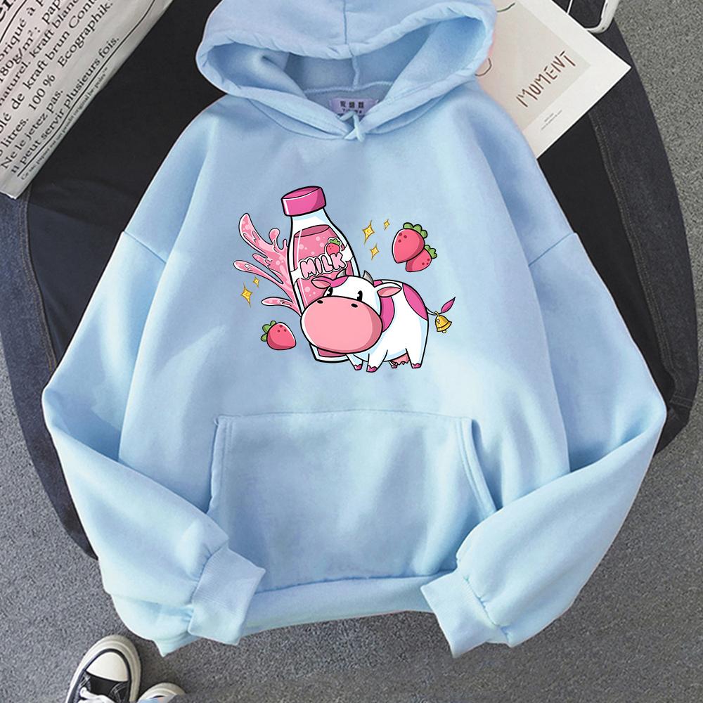 Strawberry Milk Pink Cow Hoodie Oversized Cartoon Printed Sweatshirt Women Warm Hooded Pullovers Harajuku Girls/Boy Sweatshirts