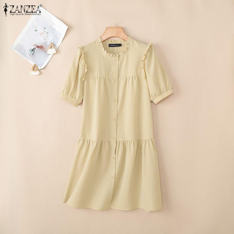 ZANZEA Women Casual Round Neck Solid Color Loose Short Sleeve Dress