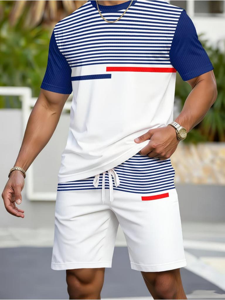 Casual Stripe Printed T-Shirt Shorts Loose Men's Short Sleeve Tee Elastic Waist Shorts Set Sports Clothes