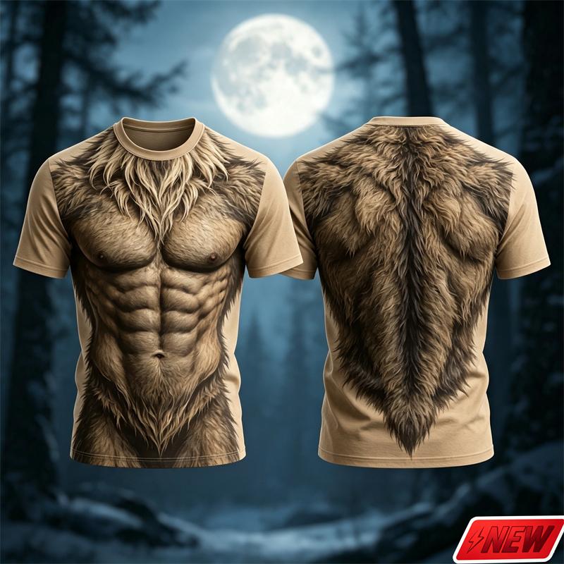 Men 3D Print Fake Wolf Abdominal Muscle Fur Pattern Women's T‑Shirt Fake Hairy Muscle Graphic Short Sleeve Tee Halloween Cosplay Tops