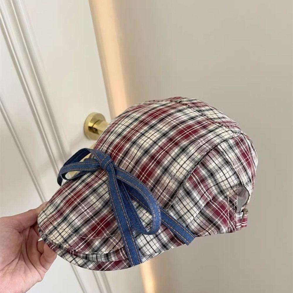 Artist Bowknot Plaid Hats Street Style Flat Visor Hat Casual Bow Newsboy Caps Girls