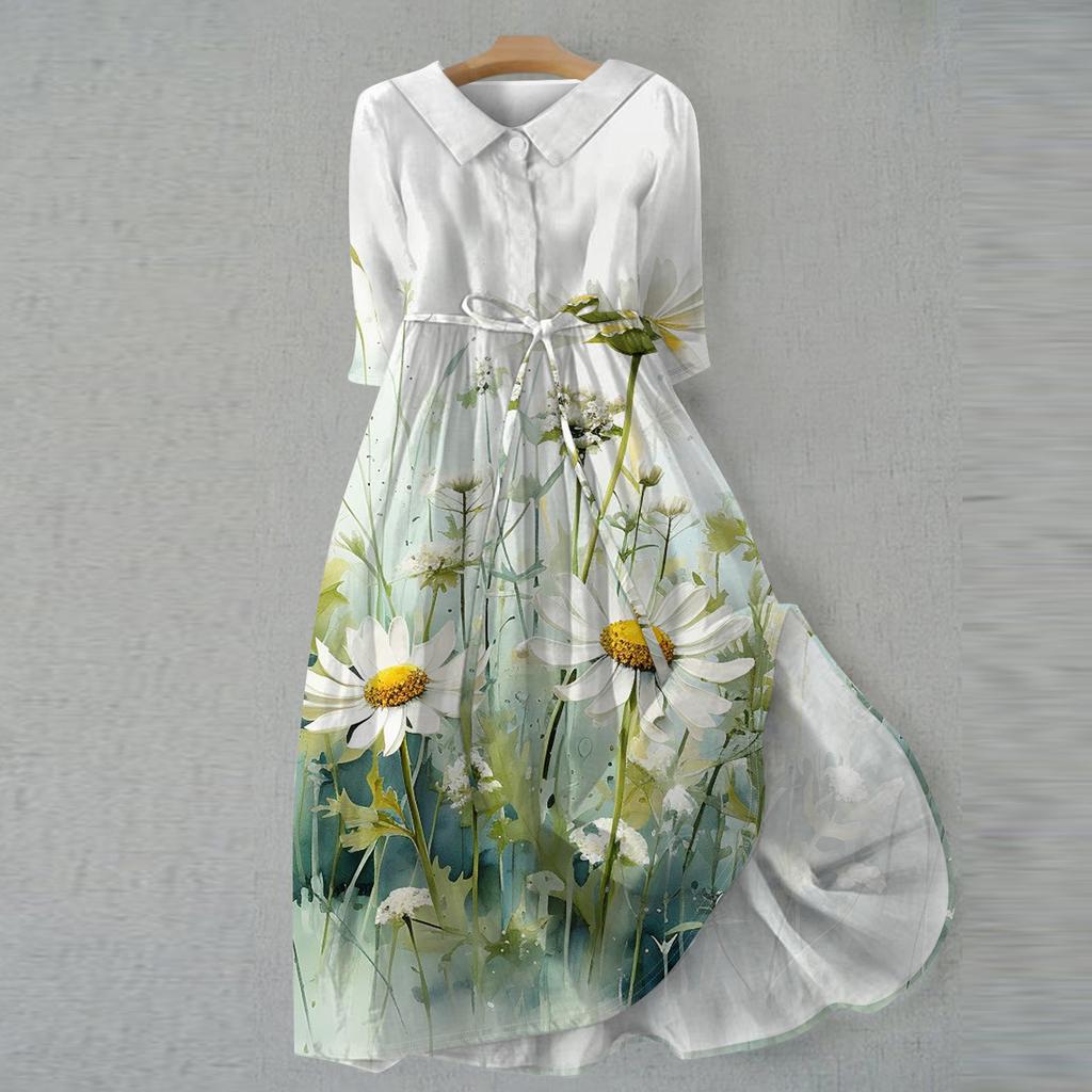 Women's Fashion Casual Printed Lapel Collar Button 3/4 Sleeve Clothing Straps Dress