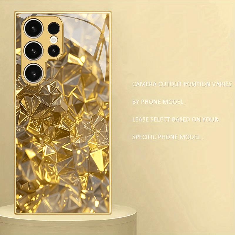 Pozlacený kryt na telefon z tvrzeného skla, kompatibilní Galaxy S26 S25 S24 S23 S22 Ultra Plus. Obsahuje design se zlatými diamanty.