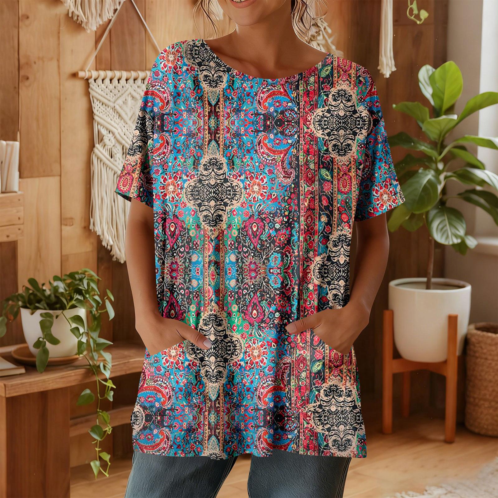 Женская мода повседневный короткий рукав цветочный принт топ L