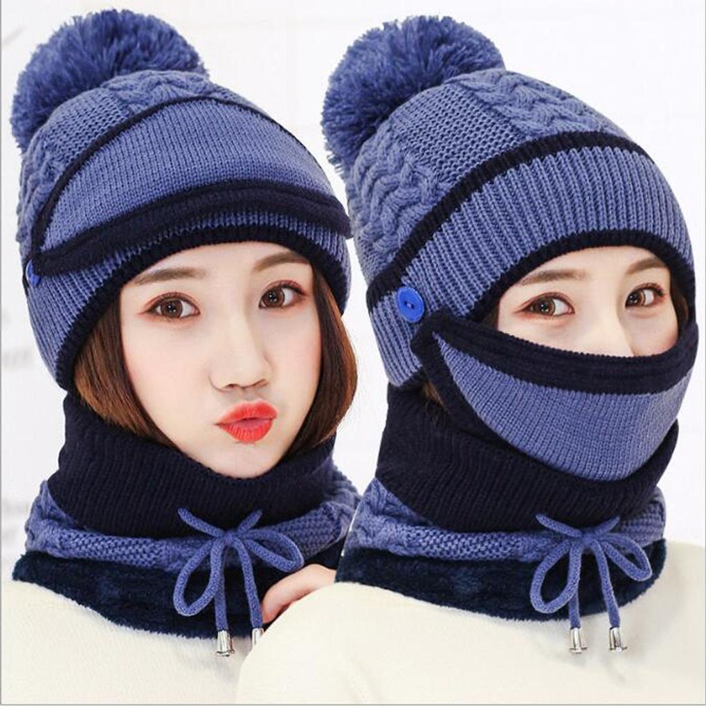 Winter cold weather gear neck warmer knit fur hat set royal blue