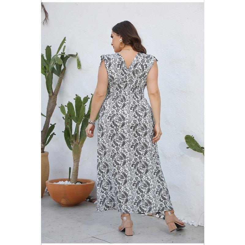 Vintage V-Neck Dress Sleeveless High Waist Dress for Women Summer Printed Dress Plus Size Tie Up Dress Loose Casual Versatile Dress Oversized Dress