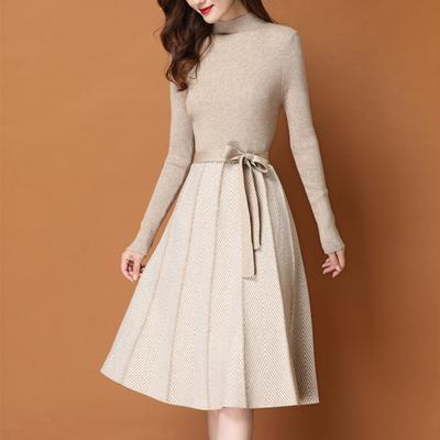 Women's Knitted Sweater Dress Slim Fit Long Knit Dress Autumn Winter Thickened Knitted Striped Pleated Dress