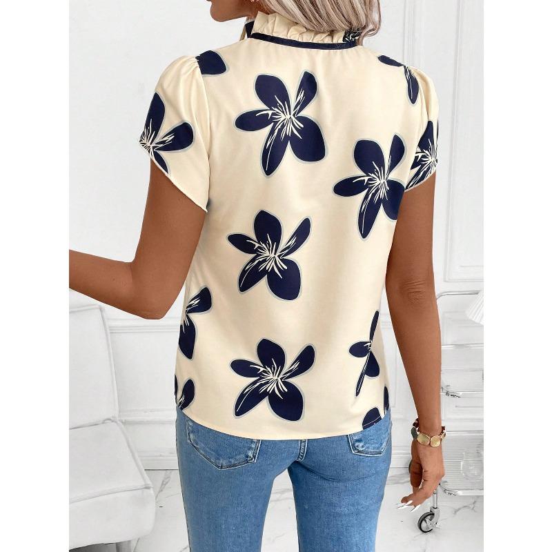 YYFS Women's Fashion Casual Summer Spring Flower Pattern Print Short Sleeve Stand-Neck Blouses & Shirts