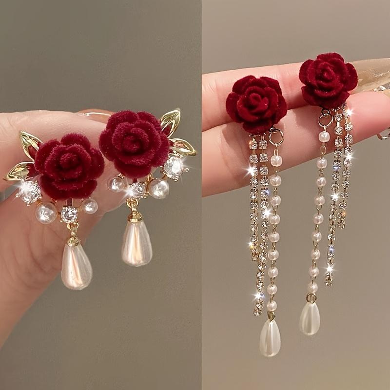 1 Pair Elegant Luxury Floral Stud Earrings with Faux & Rhinestone Tassels, Copper Base & 925 Sterling Silver Posts, Perfect for Women'S Fashion