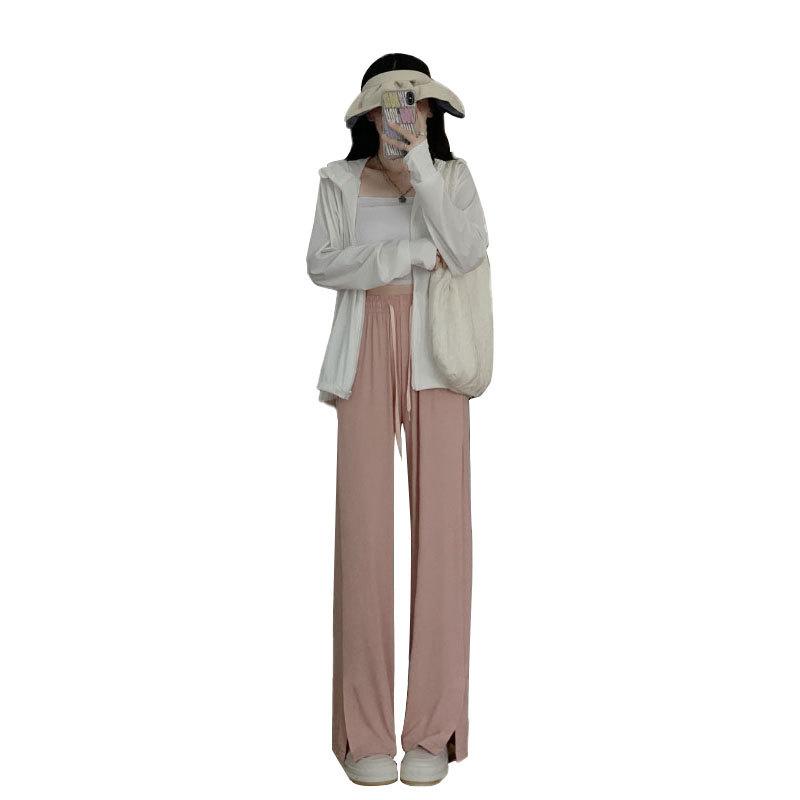 Pink Ice Silk Sweatpants Women's Spring and Summer Thin Split-ended Mopping Straight Casual Sunscreen Summer Narrow Wide-leg Pants