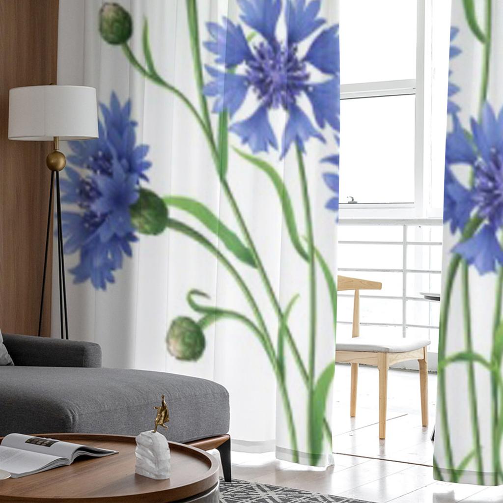 Blaue Kornblumen isoliert auf weißem Tüll, transparente Vorhänge für Wohnzimmer, Schlafzimmer, Küche, Dekoration, Voile-Organza-Vorhänge
