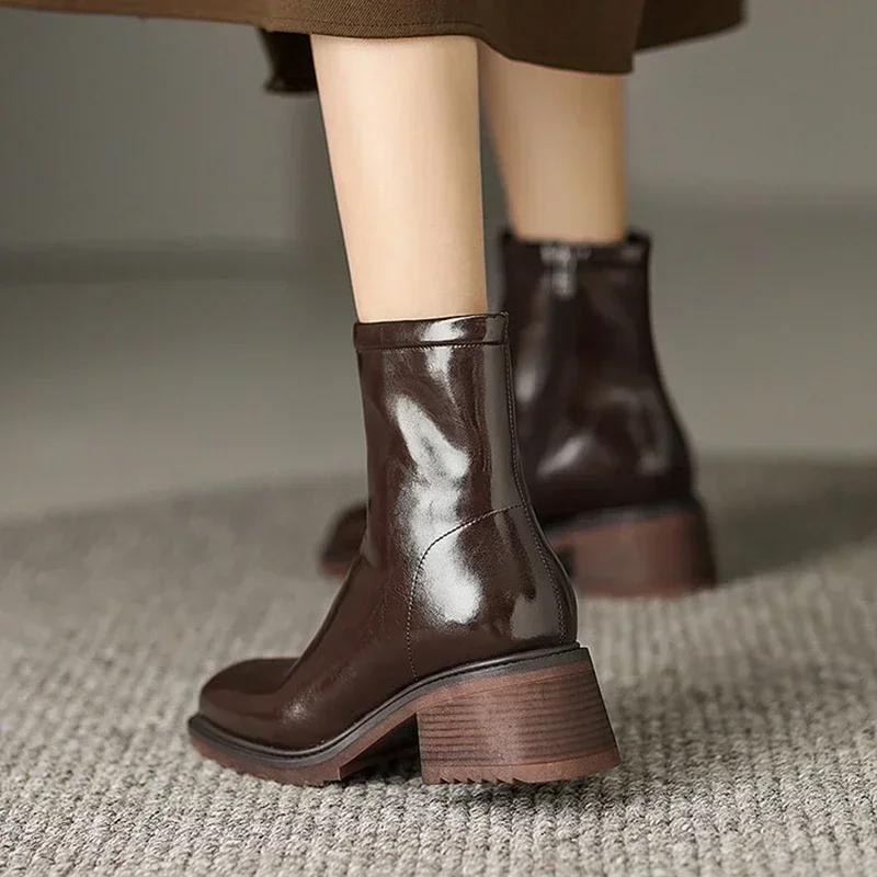 Fashion NEW Autumn/Winter Women Boots Split Leather Shoes for Women Square Toe Chunky Heel Shoes Zip Modern Boots Wool Warm Daily Shoes