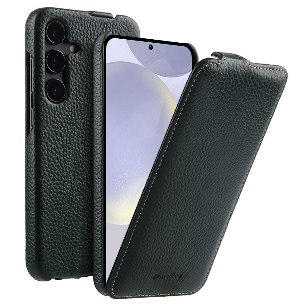 MELKCO Für Samsung Galaxy S24 Hülle Vertikale Klappe Echtes Rindsleder Handyhülle Vollständiger Schutz