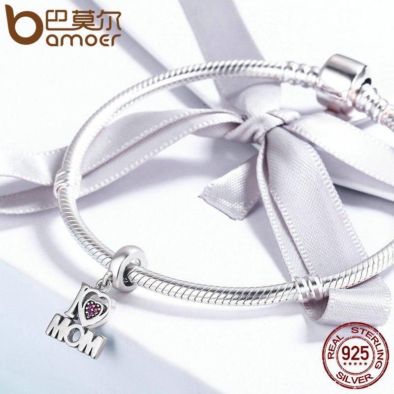 BAMOER 100% Authentic 925 Sterling Silver I Love Mom Letter Pendant Charms Fit Bracelets