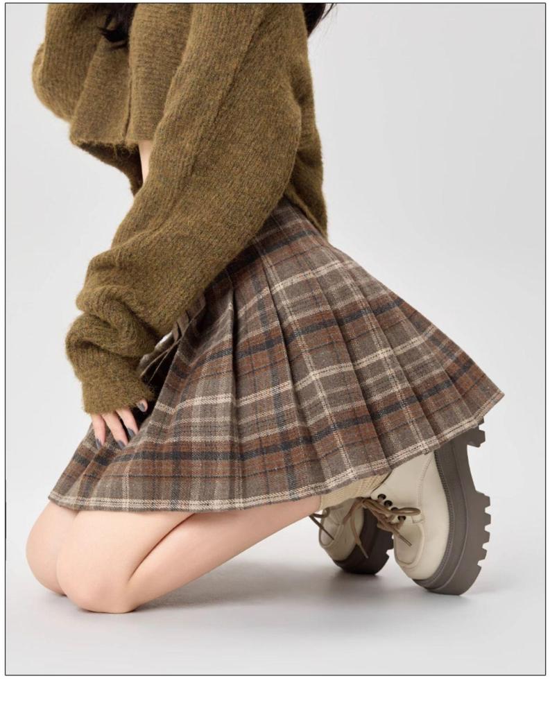 Plaid Wool Pleated Skirt for Curvy Women - High Waist A-line Short Skirt for Spring/Autumn