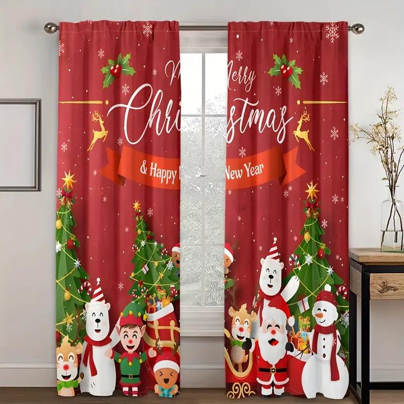 2pcs,Christmas Snowman,Red Cow Checkered Pattern With Rod Pocket Mount Digital Printed Curtains For Bedroom Living Room Kitchen