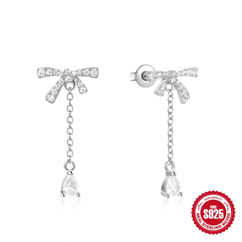Fashion Jewelry 925 Sterling Silver Earrings Bowknot LOVE Drop Diamond Opal Long Tassel Chain Gold Plated Stud Earrings Women