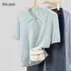 Women's Wool Blend Ice Silk Knit Polo T-Shirt