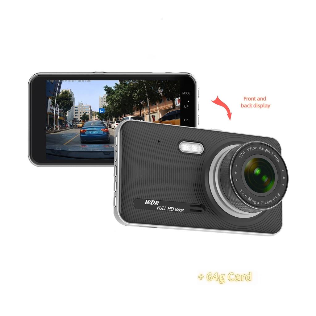 4-inch Dashcam, IPS HD 1080P Car DVR, Dual Front and Rear Cameras, Supports Reversing Camera Function.