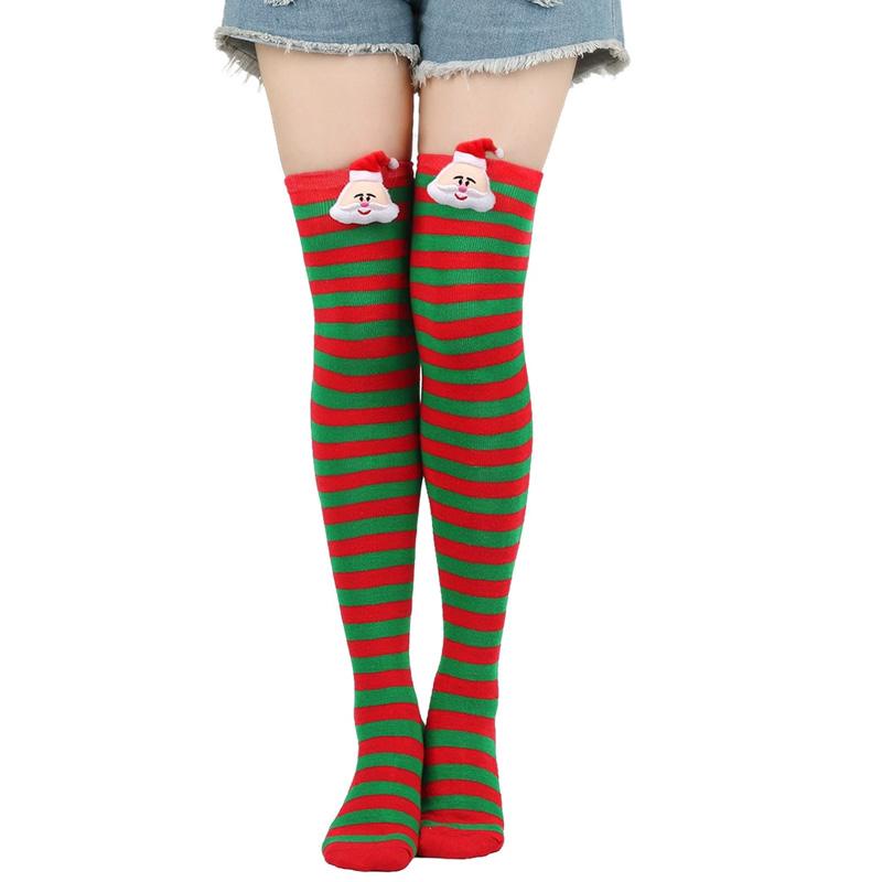 

Женские рождественские полосатые красные и зеленые длинные носки, аксессуары для костюма, гольфы, удобные выше колена с куклой Санты зелёный/красный