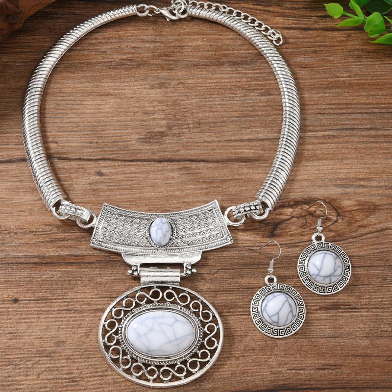 2 PCS Fashion Imitation Turquoise Jewelry Set European American Vintage Style Necklace Earrings Ethnic Teardrop Short Necklace