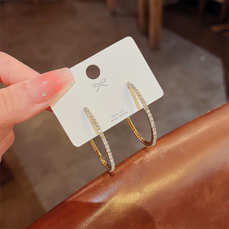 1Pair Fashion Rhinestone Hoop Earrings Big Circle Earrings Simple Exaggerate Earrings Big Circle Loop Earrings For Women Jewelry