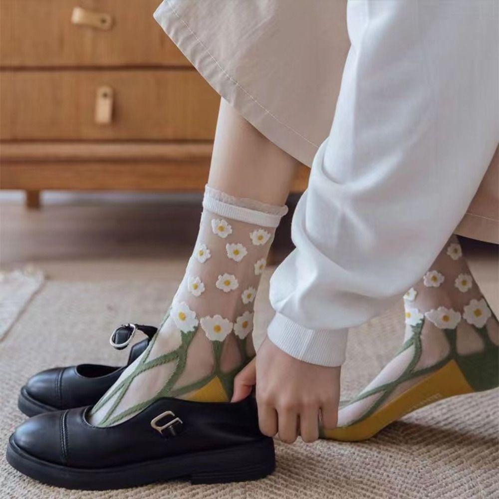 Lace Design Summer Thin Socks Sweet Floral Print Transparent Crystal Silk Socks  for Women Girl