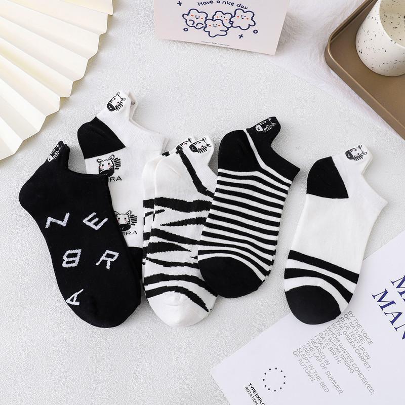 5 Pairs New Arrivals Women Socks Cotton Cartoon Zebra Ankle Socks Female Striped Letter Harajuku Breathable Causal Short Socks