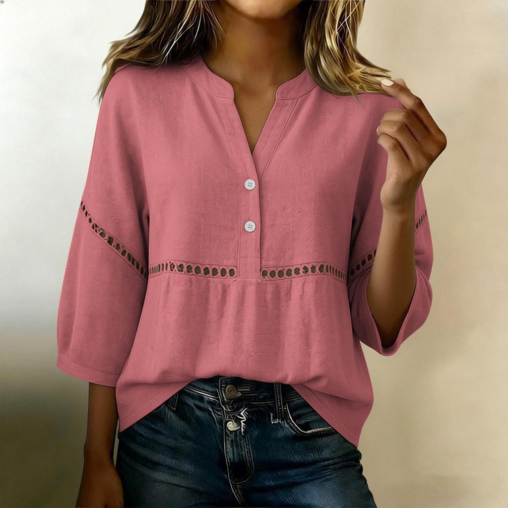 Women Loose Fit V Neck Button Front Casual Top Long Sleeve Cotton Linen Blend Pullover Shirt Lightweight Breathable Blouse