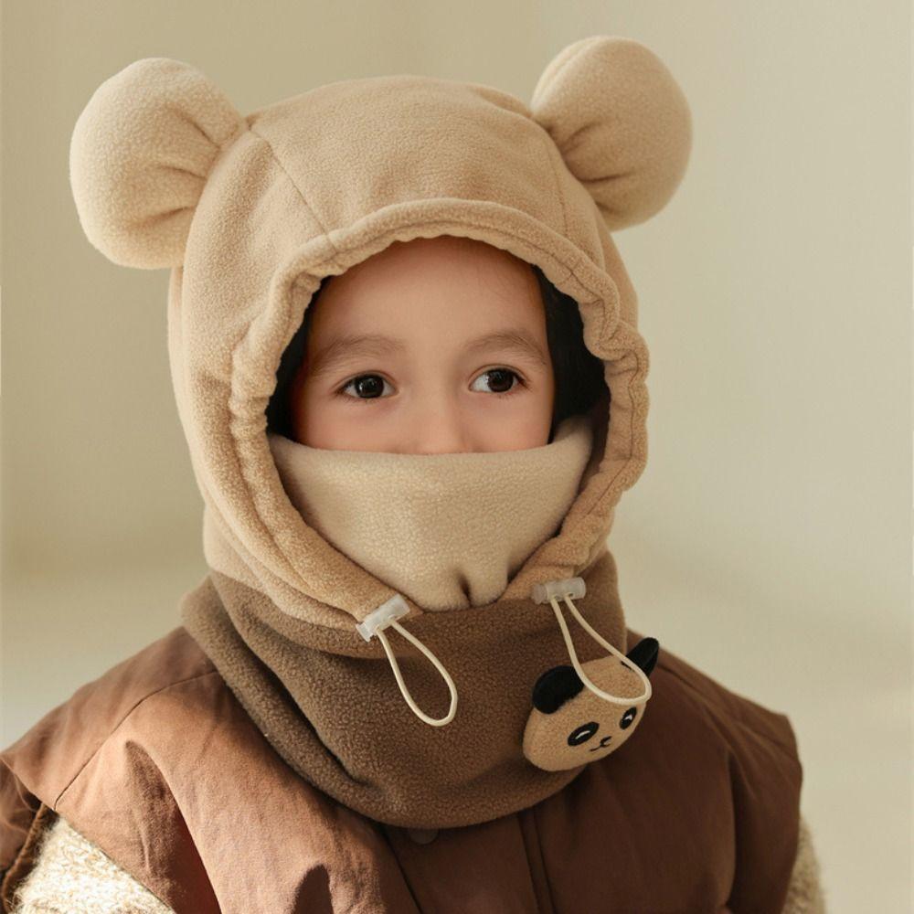 Warm Drawstring Bear Ear Hat Soft Panda Neckerchief Panda Plush Scarf with Face Mask  Streetwear