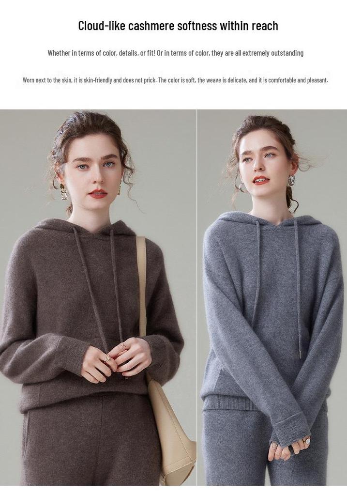 Women's Hooded Cashmere Sweater - 2026 Autumn/Winter, Warm Base Layer, Gentle Style, Loose Fit, Solid Color