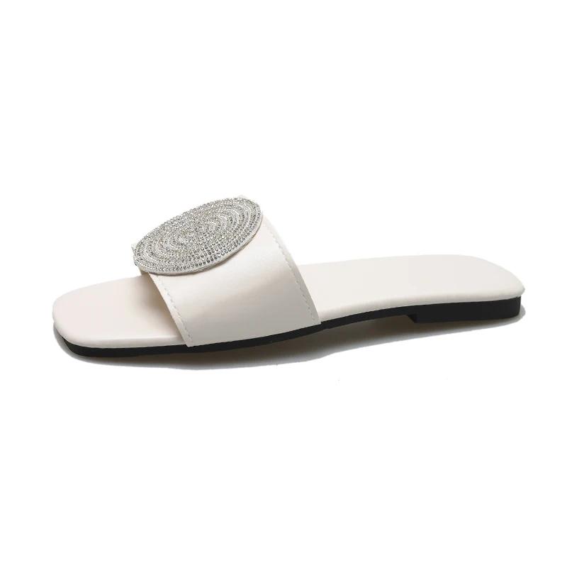 Fashion Summer New Women's Round Head Flat Soled Non-slip Slippers Woman Fashion Flowers Khaki Flats Sandals Female Zapatos De Mujer