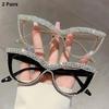 2 Pairs Per Set Cat Eye Glasses with Rhinestones Women Fashion Brand Design Optical Frames Trendy Chic Casual Decor Eyeglasses