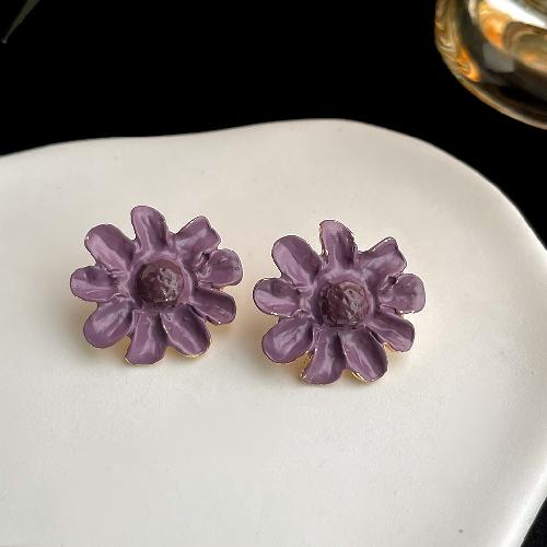 Retro oil painting flower earrings French super fairy purple oil drop earrings high-end earrings
