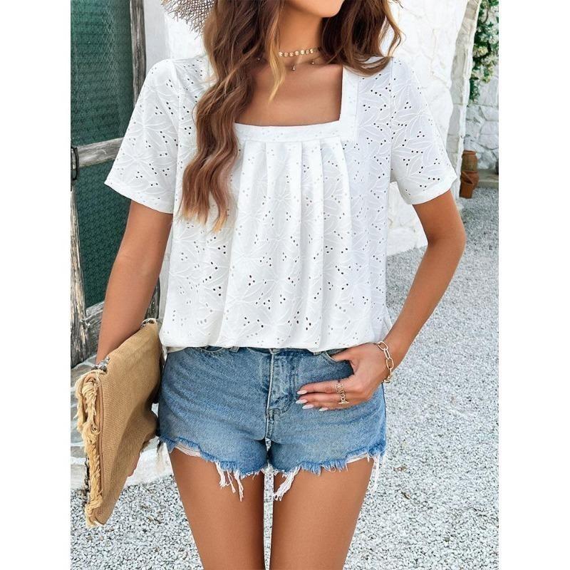 Ladies Temperament Casual Solid Color Square Neck Hollow Short Sleeved T-shirt Top