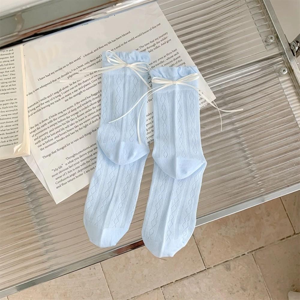 Solid Color Long Socks Breathable Bowknot Socks Soft Women's Socks  Summer