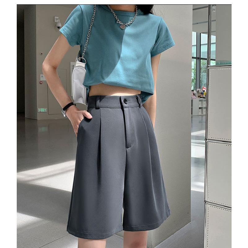 Suit Shorts for Female Students In Summer Thin High Waist Wide-leg Macaron Ice Silk Straight Loose Outer Five-point Mid-pants