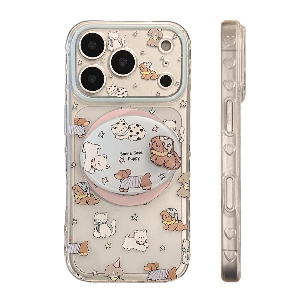 Rotating puppy is suitable for Apple 17promax mobile phone case iphone16 magnetic suction bracket 15 transparent childlike fun 13 soft