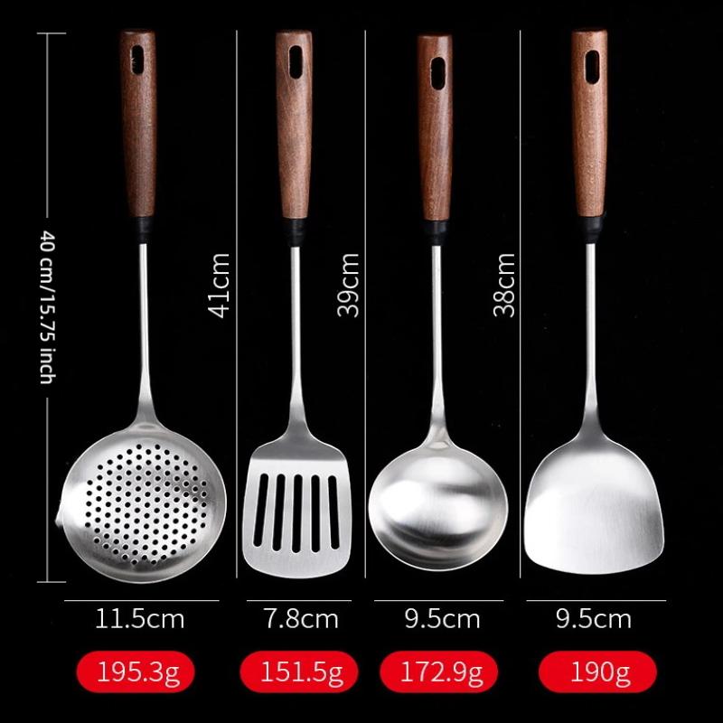 Stainless Steel Turner With Wooden Handle Heat-Resistant Long Handle Soup Ladle Spatula Kitchen Cooking Utensils