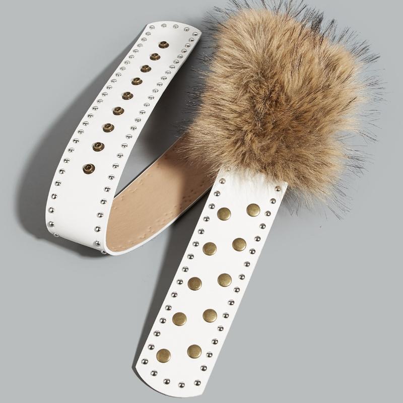 Punk Pu Leather Fur Belt Y2K Metal Studded Plush Waist Chain Faux Fur Belts Furry Sexy Vintage Waistband Hiphop Jeans Belt
