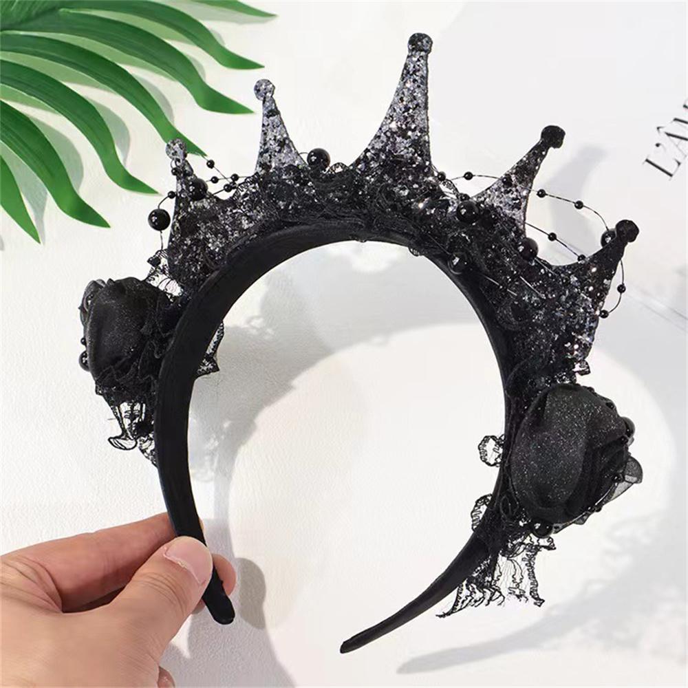 Schwarze Rosen-Spitzenkrone Stirnband für Damen Mädchen Hexe Haarband Halloween Party Cosplay Kostüm Kopfschmuck Zubehör