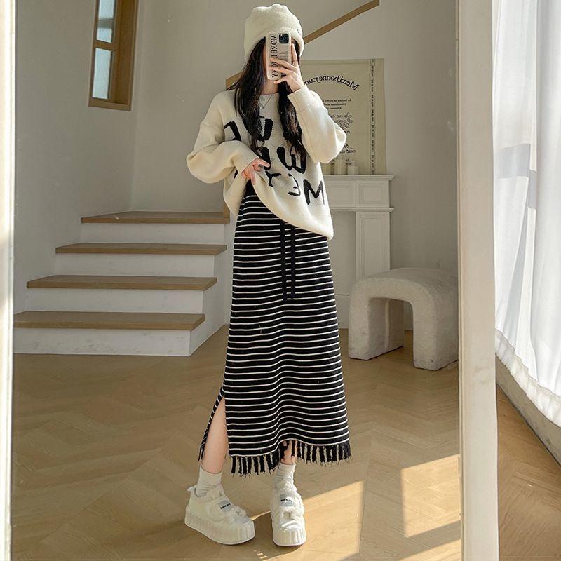 Новая корейская юбка в полоску на осень/зиму для женщин с высокой талией — фото 4
